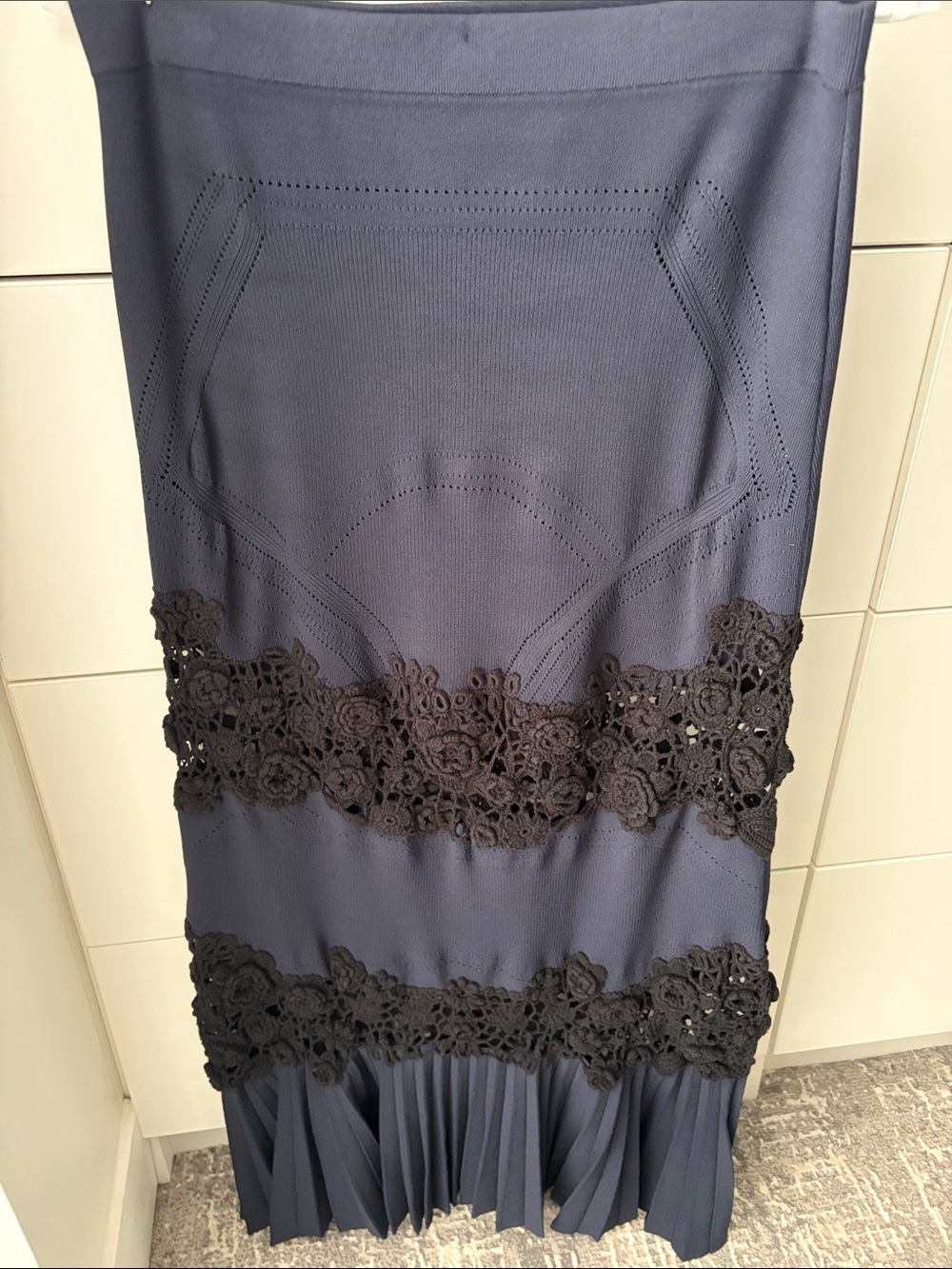 Ulla Johnson Navy Maxi Skirt with Black Lace Insets